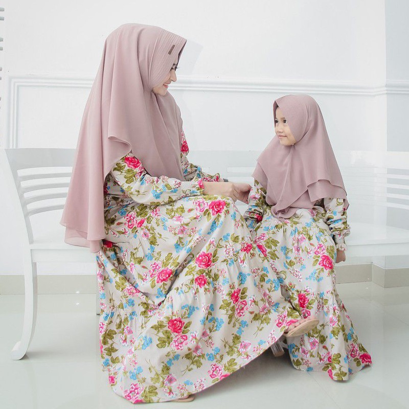 Gamis set syari Ibu dan Anak bahan Katun Jepang + Khimar Ceruty Babydoll