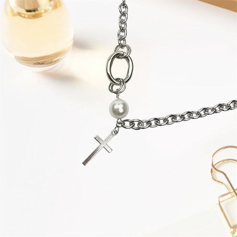 Korea Ins Cross Kalung Mutiara Clavicle Chain Aksesoris Fashion Wanita