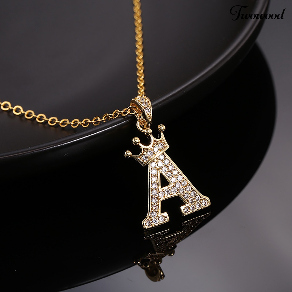 Twowood Letter Necklace Rhinestone Crown Letter Pendant Adjustable Chain Women Necklace for Gift