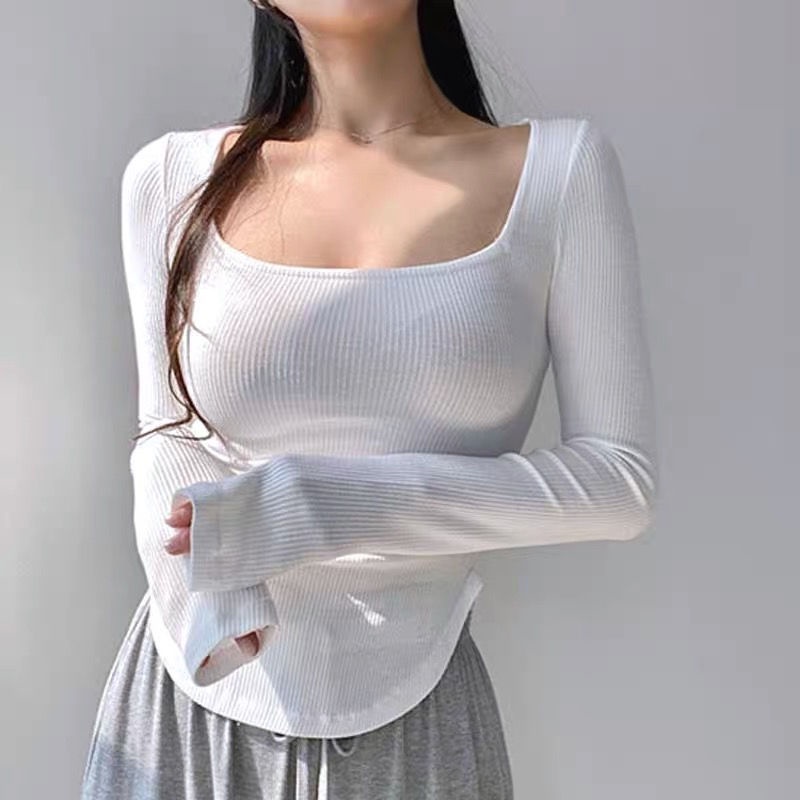 #Sisjuly# Kaos Peregangan Kurus Leher Persegi Lengan Panjang Kaos Bawahan U Hem