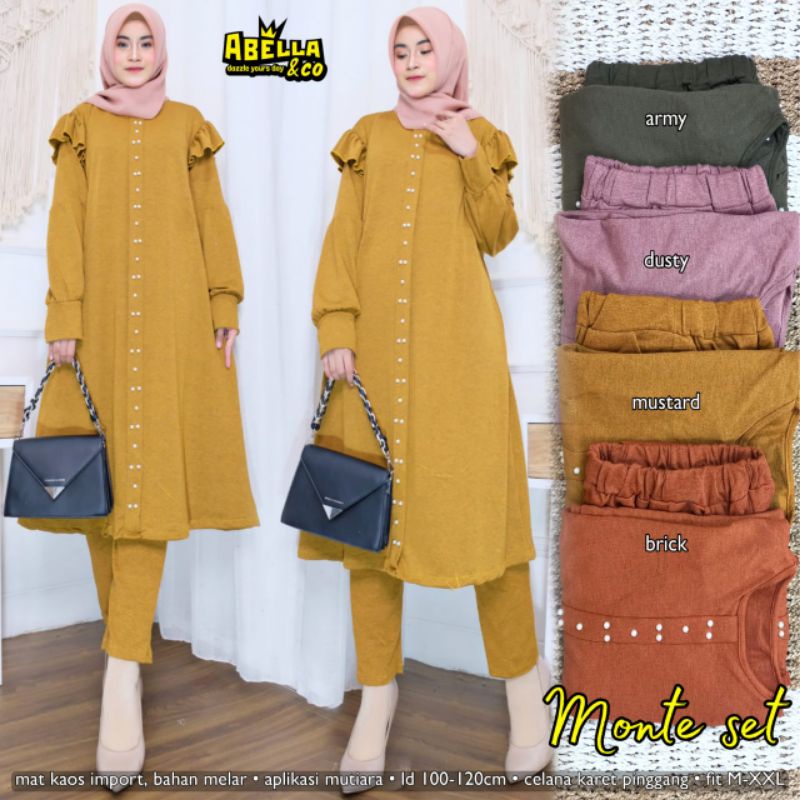 ONE SET WANITA - MONTE SET BY ABELLA - SETELAN POLOS MUSLIM | BAHAN KAOS IMPORT TUNIK CELANA KARET P