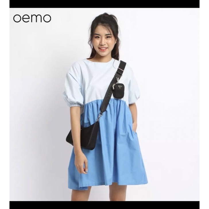 dress casual oemo biru putih kombinasi