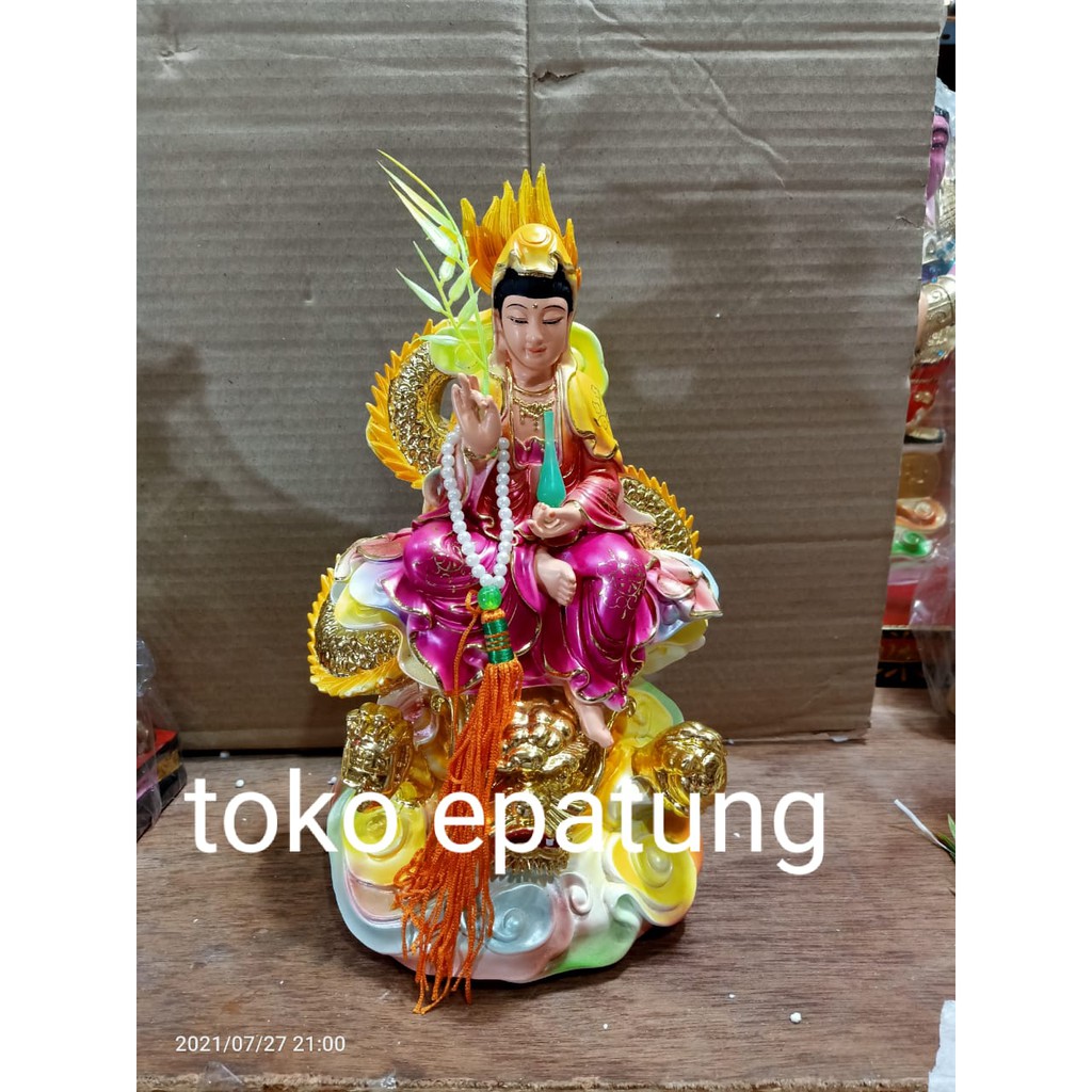 patung dewi kwan im / kwan in / guan yin - duduk naga - fiber 12 inch