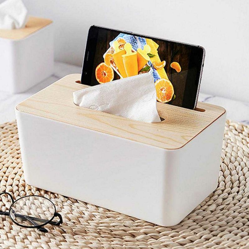 TaffHOME Kotak Tempat Tisu Kayu Box Tissue Tisue Kayu dengan Holder Smartphone