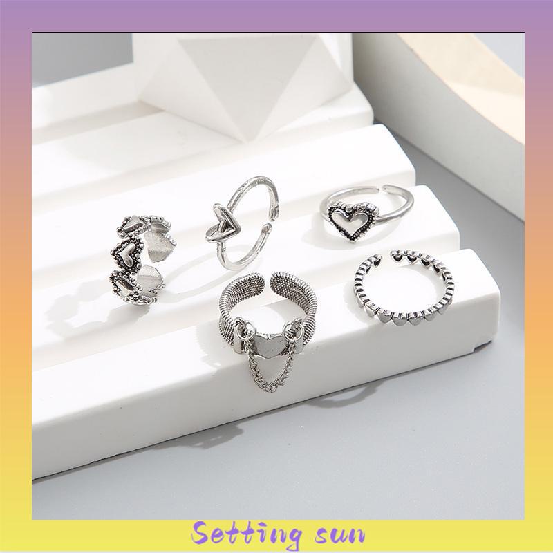 5pcs / Set Cincin Jari Telunjuk Model Terbuka Desain Hati Hollow Gaya Retro TN