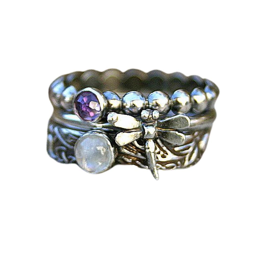 Hu Hu Hu Hu Hu Alat Bantu Pasang Kacamata♡ 3pcs / Set Cincin Silver Wanita Bentuk Capung Hias Batu Permata Imitasi Oval Mini Stackable Untuk Hadiah