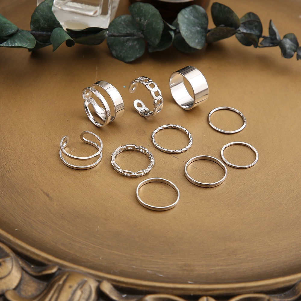 IFYOU 10Pcs/set Vintage Simple Chain Rings for Women Silver Ring Accessories Jewelry