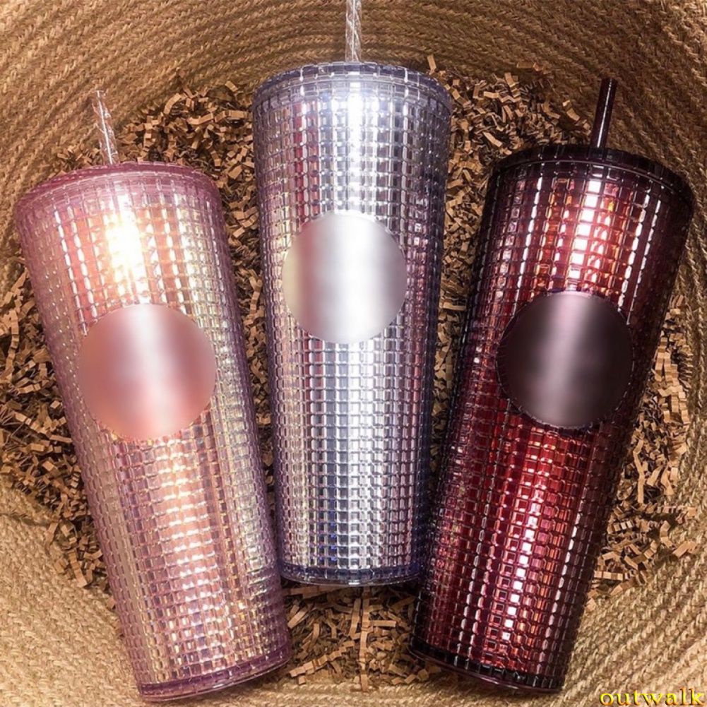 2022 NEW Arrival 24oz Diamond Radiant Goddess Corn Grid Studded Cup Double Wall Plastic Coffee Mug Tumbler with Straw and Lid -OW-