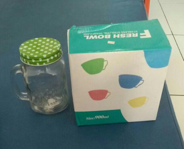Drinking Jar Kaca Tutup Polkadot Stainless Warna / Gelas Toples /gelas Jar Tutup Stainless /souvenir