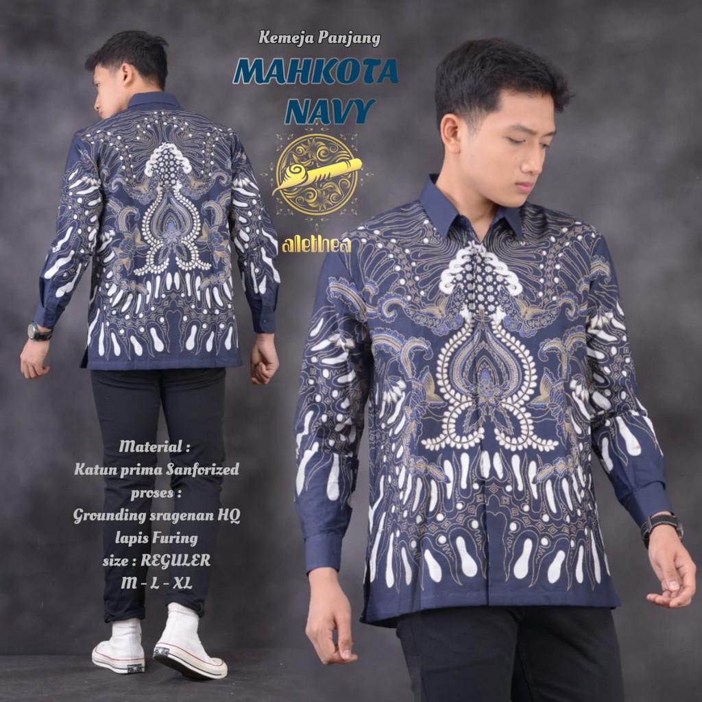 MAHKOTA NAVY Kemeja Batik Pria Lengan Panjang Katun Halus FULL FURING Alethea