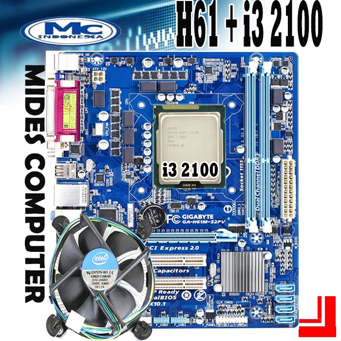 Motherboard MOBO Mainboard H61 GIGABYTE + Processor i3 2100 + FAN