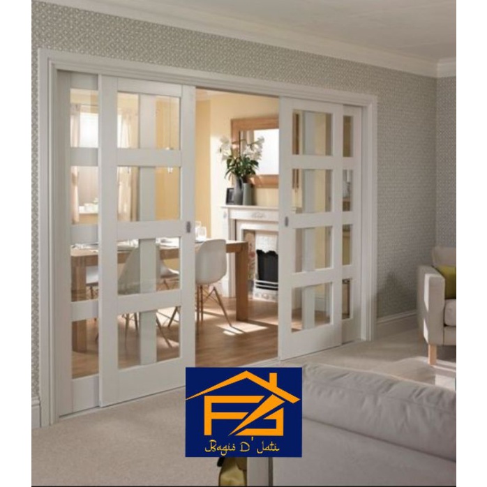 Pintu Sliding kaca bening bahan kayu jati