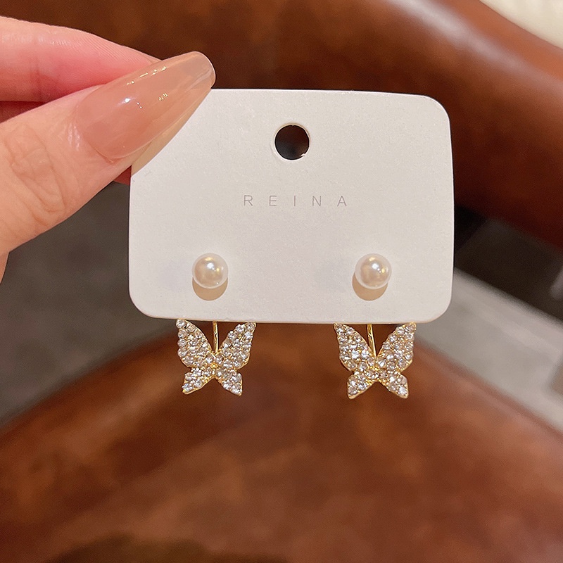 Anting Stud 925 silver needle Bentuk Kupu-Kupu Aksen Mutiara