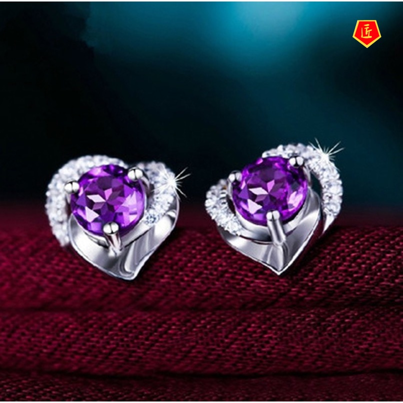 [Ready Stock]Silver Heart-Shaped Amethyst Stud Earrings for Women