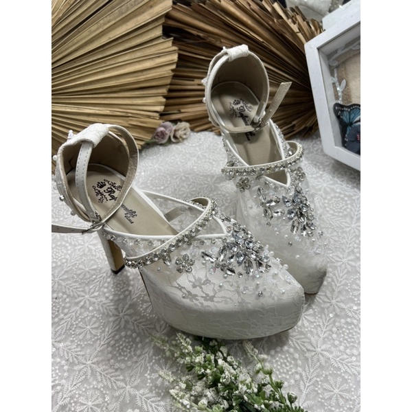 sepatu wanita wedding putih siyren putih tali 12cm