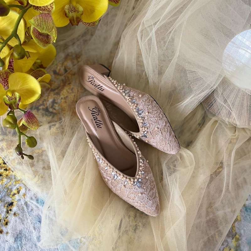 Termurah!!! COD Heels 3cm brukat payet mewah Farsya Cream / wedding shoes cream / sepatu pengantin / sepatu seserahan / sepatu tunangan / sepatu wisuda cream