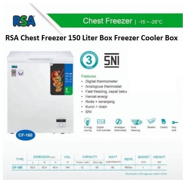 RSA Chest Freezer 150 Liter Box Freezer CF 160 CF-160 Cooler Box CF160