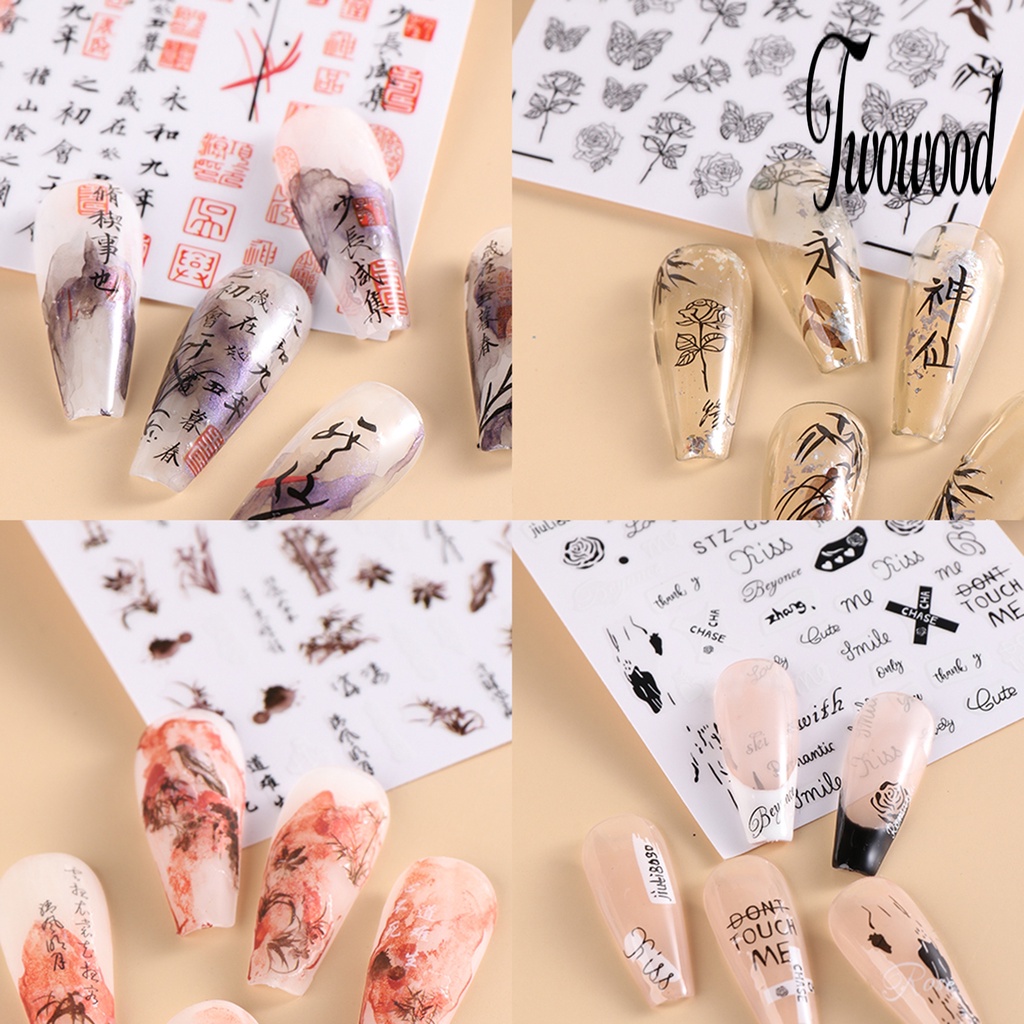 Twowood 3 Lembar / Set Stiker Kuku Motif Bunga Cat Air Ultra Tipis Untuk Nail Art / Manicure DIY