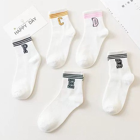 [littlecrab] Kaos Kaki Huruf E D P B C Cute Alphabet Women Socks Kaos Kaki Putih Soft Lembut Simple Berkualitas Kaos Kaki Lucu High Quality Kaos Kaki Panjang Korean Style