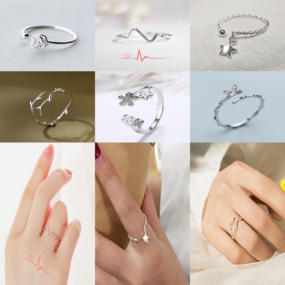 6 styles silver electrocardiogram heartbeat line rose not rusty opening adjustable men's and women's ring Korean version of simple jewelry accessories