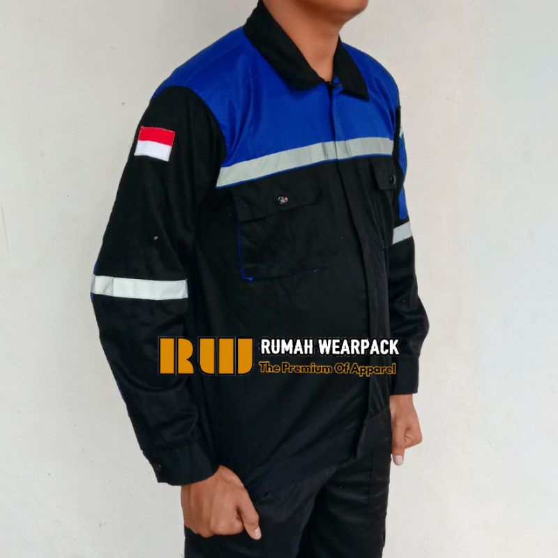 Baju Kerja/ Wearpack Proyek/ Seragam Kerja Atasan Warna Hitam Kombinasi Biru Benhur