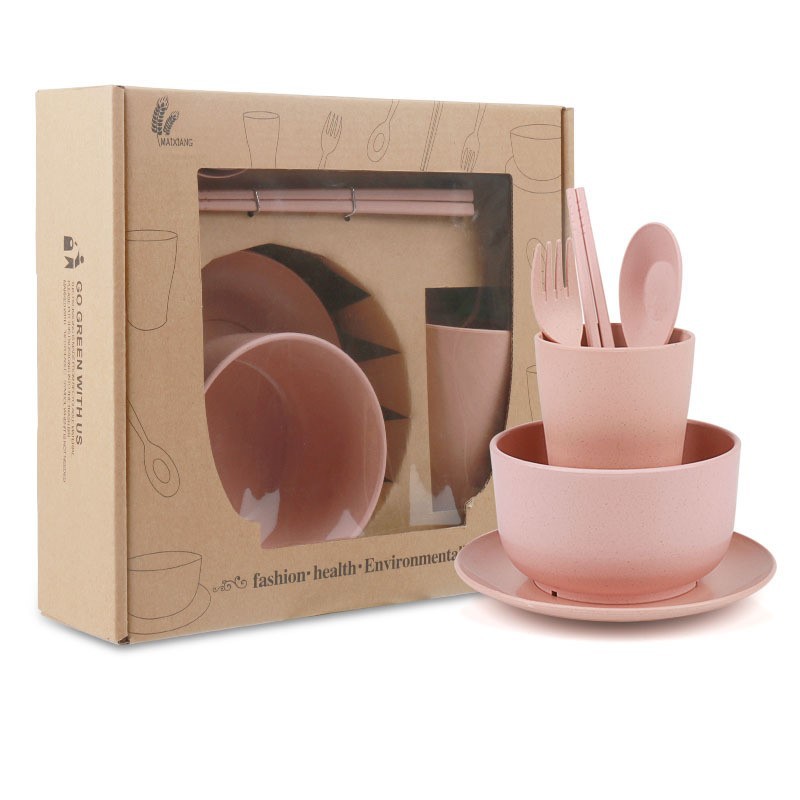 Unik - H853 Wheat Straw Cutlery Set 6 in 1  / Set Alat Makan Jerami / Set Perlengkapan Makan Jerami-Pink