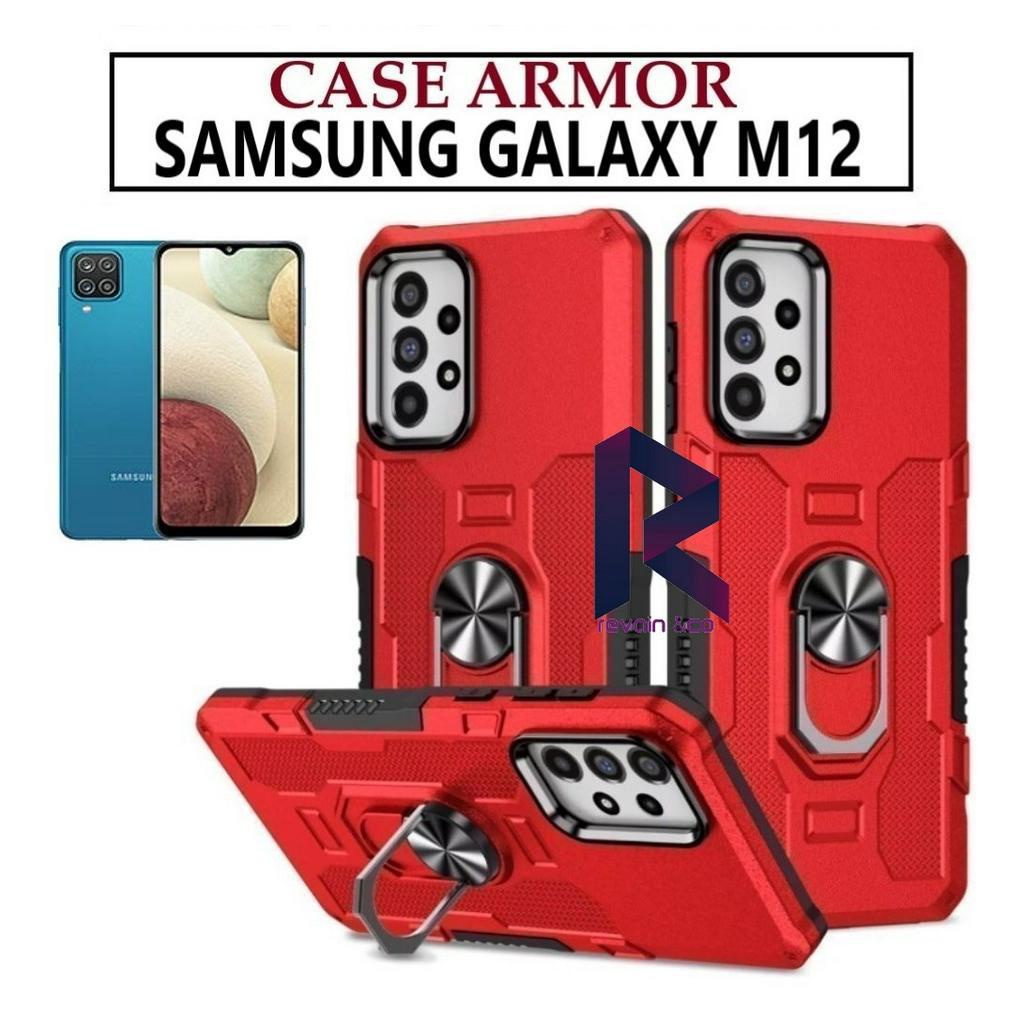 Case Armor SAMSUNG M12 Iring Cincin Magnetic Kesing Hp Protect kamera Premium Hard Case Standing Robot Pelindung Kamera