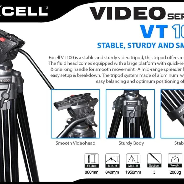 Excell VT-100 Tripod Video Professional Head Video Shooting Smooth Tas