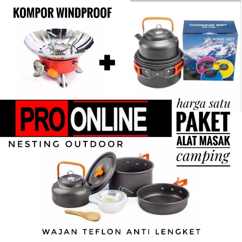 Paket Wajan Teko &amp; Kompor Windproof Kemping Gunung Cooking Set DS308 &amp; Stove K203 Camping Outdoor