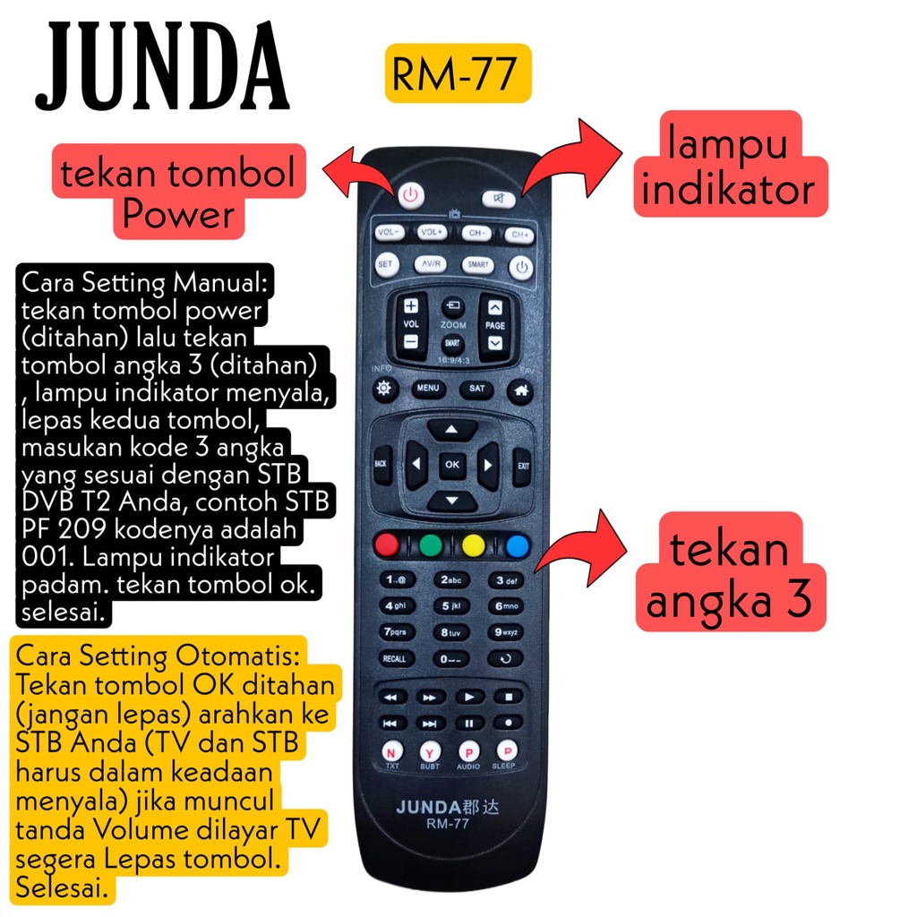 Remot Universal TV DVB T2 + Learning Function JUNDA RM 77