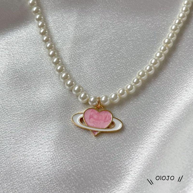 【COD】Kalung Rantai Dengan Liontin Hati + Planet Warna Pink Untuk Wanita