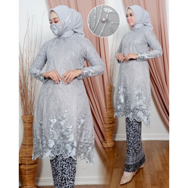 kebaya tunik busui friendly / tunik tulle busui/ stelan kebaya modern-Silver
