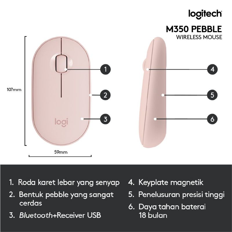 Logitech Pabble M350 Mouse wireless dan Bloutot Untuk Windows, Mac, Chrome OS