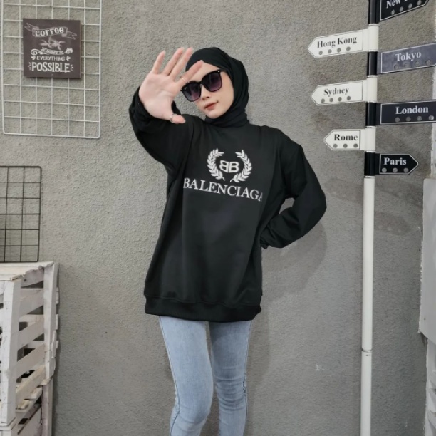 BALENC 2XL Sweater Wanita Jumbo Bigsize Atasan Crewneck Oblong Oversize Kekinian Fashion Terkini Ala Korean OOTD Kasual