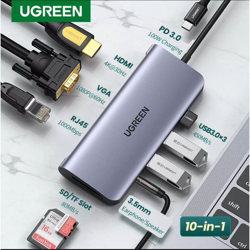 Ugreen Usb Hub 9 / 10 / 7 in 1- All in one Type C with Hdmi LAN Vga Sd Card Ethernet Pd Charge Original