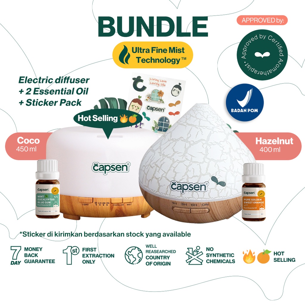 CAPSEN Electric Diffuser Essential Oil Bundle Aromatherapy Oil Diffuser Humidifier Minyak Esensial