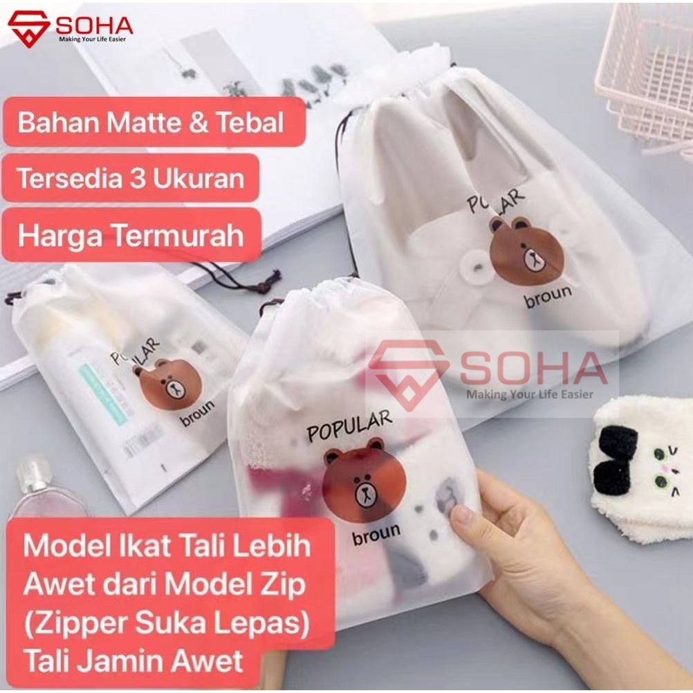 ART-043 SOHA Travel Pouch Organizer Tas Serut Kantong Serbaguna Make Up Bag Anti Air Kantong Kosmetik Bahan Matte Tebal Model Tali Lebih Awet Ada 3 Ukuran