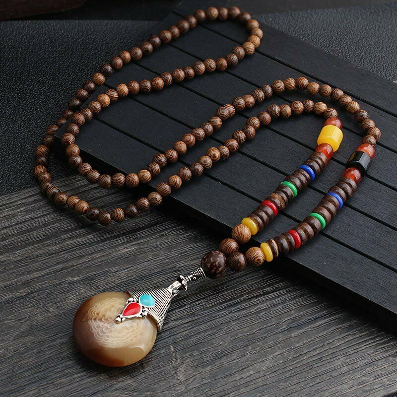 Kalung Rantai Klavikula Panjang Liontin Manik-Manik Kayu Mala Buddha Handmade Gaya Vintage Etnik Untuk Unisex