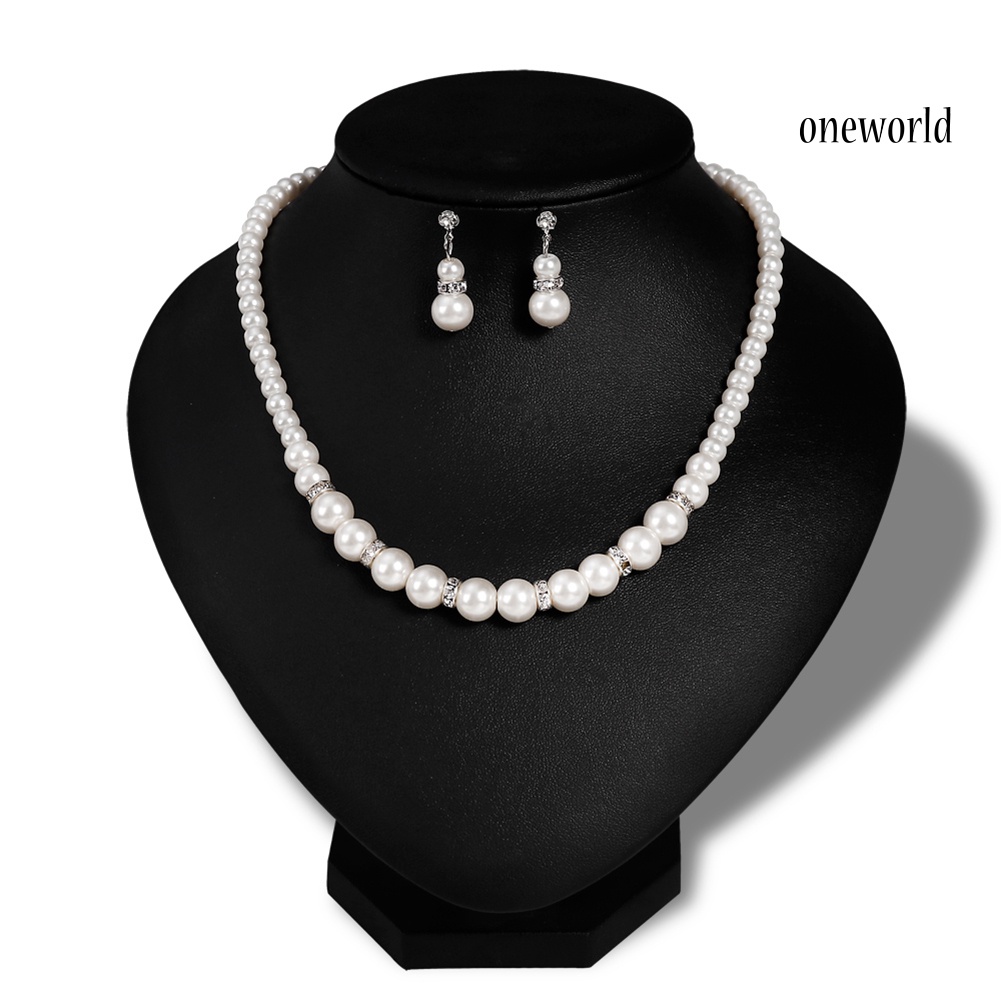 OW@ Women Fashion Chic Rhinestone Faux Pearl Beads Earrings Necklace Jewelry Set