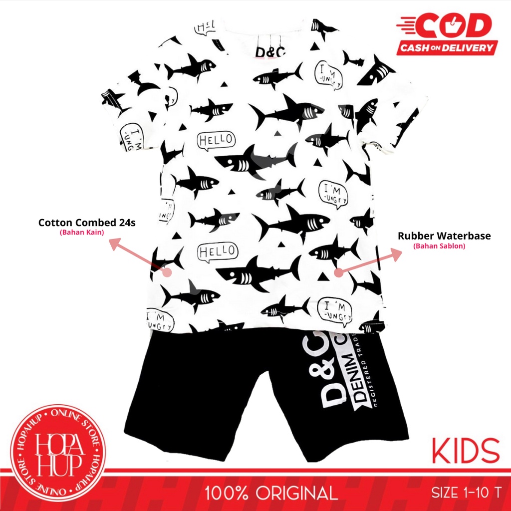 D&C Setelan Anak Laki Laki / Setelan Anak Murah / Setelan Anak Surabaya / Setelan Anak Craft Kuning 2 - 10 Tahun COD Hopahup-SET Fish Putih