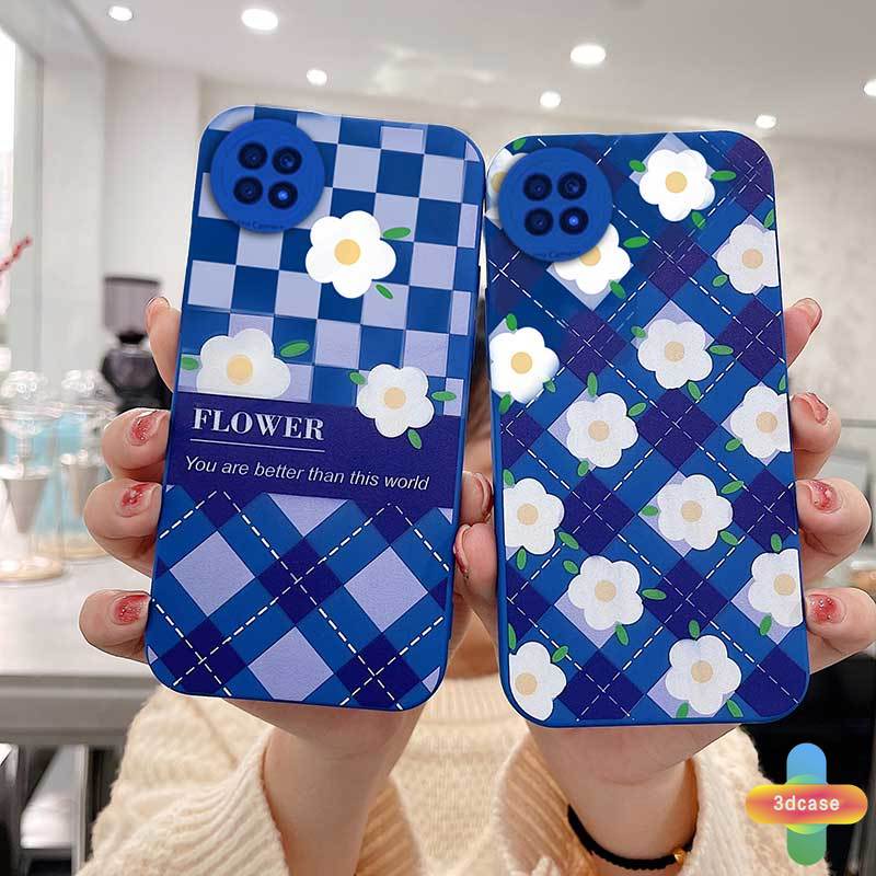 Casing Soft Tpu Case Xiaomi Redmi Note 9 8 10 10S 9 10 PRO MAX 11 9S Xiaomi Redmi POCO C3 C31 X3 NFC X3 PRO Redmi 9 9C NFC 9A 9i 9T 9AT 9 PRO Power 10X POCO M2 PRO 10 Prime Klein Blue Plaid White Flower Anti-fall Case