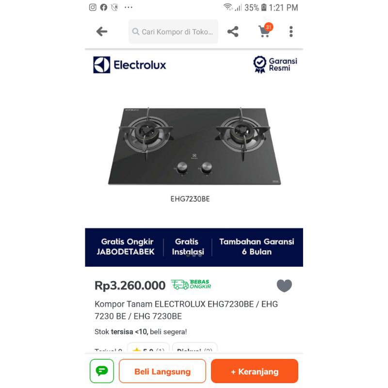 Electrolux Kompor Gas Tanam Tipe EHG7230BE / EHG 7230 BE / EHG7230 BE / EHG 7230BE