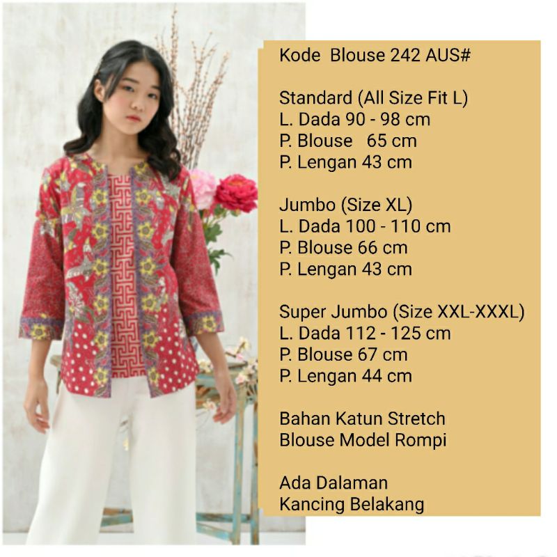 Atasan Blouse Batik Wanita Lengan 7/8 Edisi Imlek Warna Merah, 242 AUS / ACI#-3