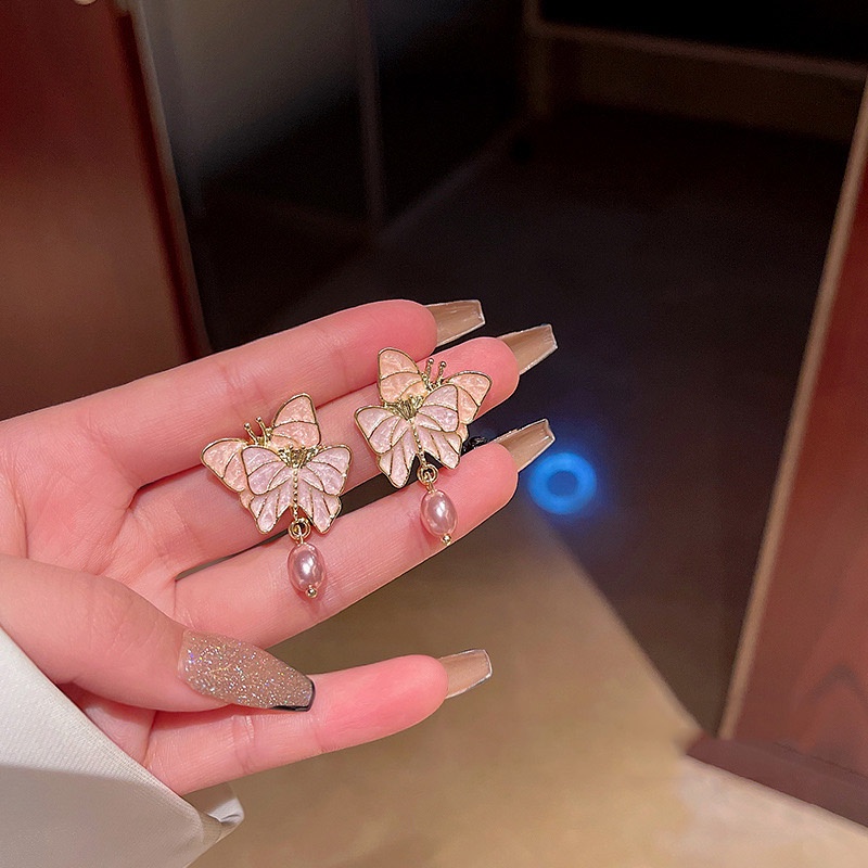 Anting Gantung Panjang Model Kupu-Kupu Dengan Mutiara Warna Pink Elegan Untuk Wanita