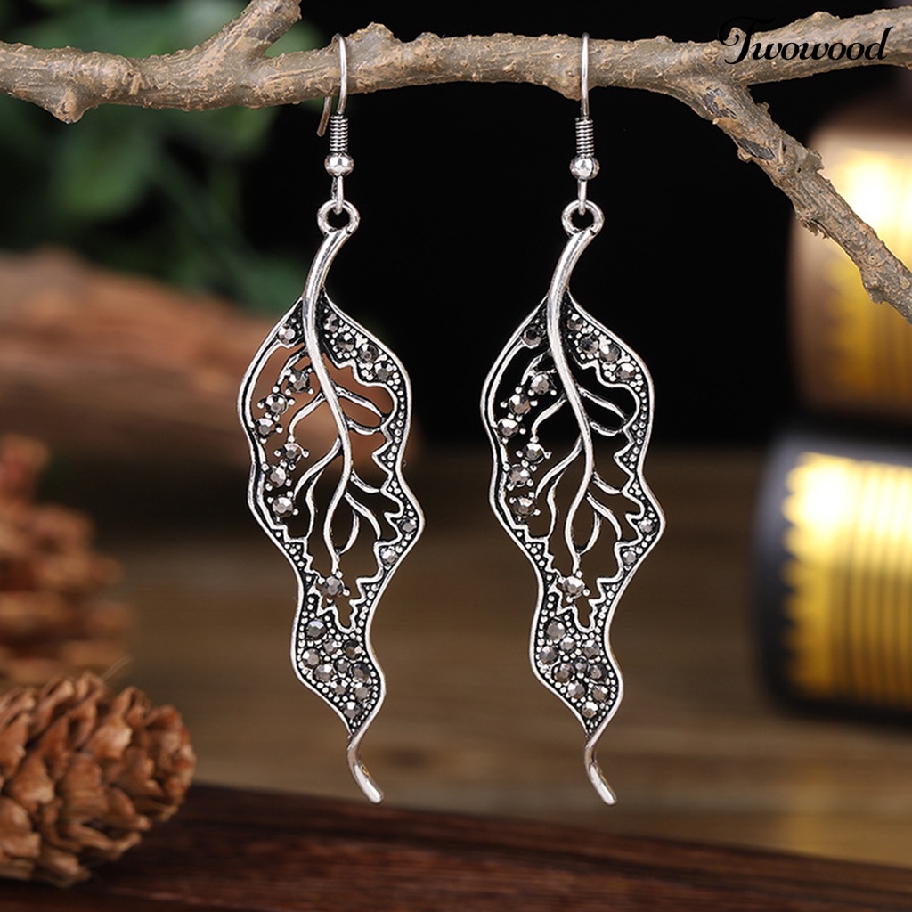 Twowood 1 Pair Hook Earrings Leaf Colored Rhinestones Jewelry Electroplated Long Lasting Drop Earrings for Wedding