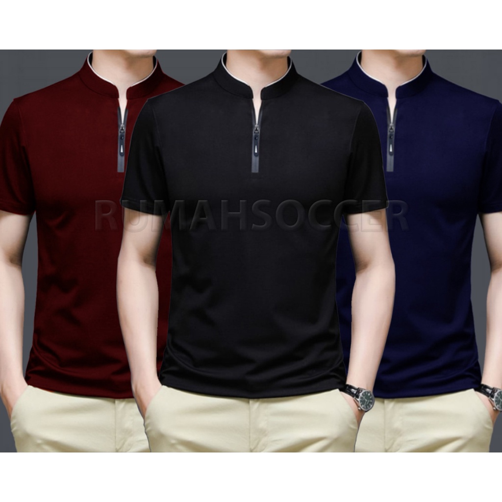 Kaos Kerah Pria Resleting LDV Lengan Pendek Polo Shirt Krah Shanghai Bahan Katun Adem