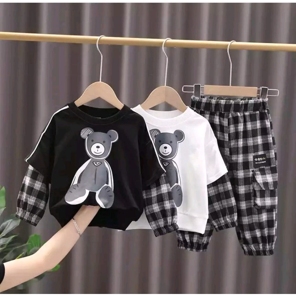 setelan baju bayi anak motif reglan panda kotak teddy bear size 6 bulan-5 tahun bahan katun lembut nyaman dipakai terlaris/ setelan baju bayi anak laki laki/ setelan baju bayi anak  perempuan/ setelan baju bayi anak cowo/ setelan baju bayi anak  cewe