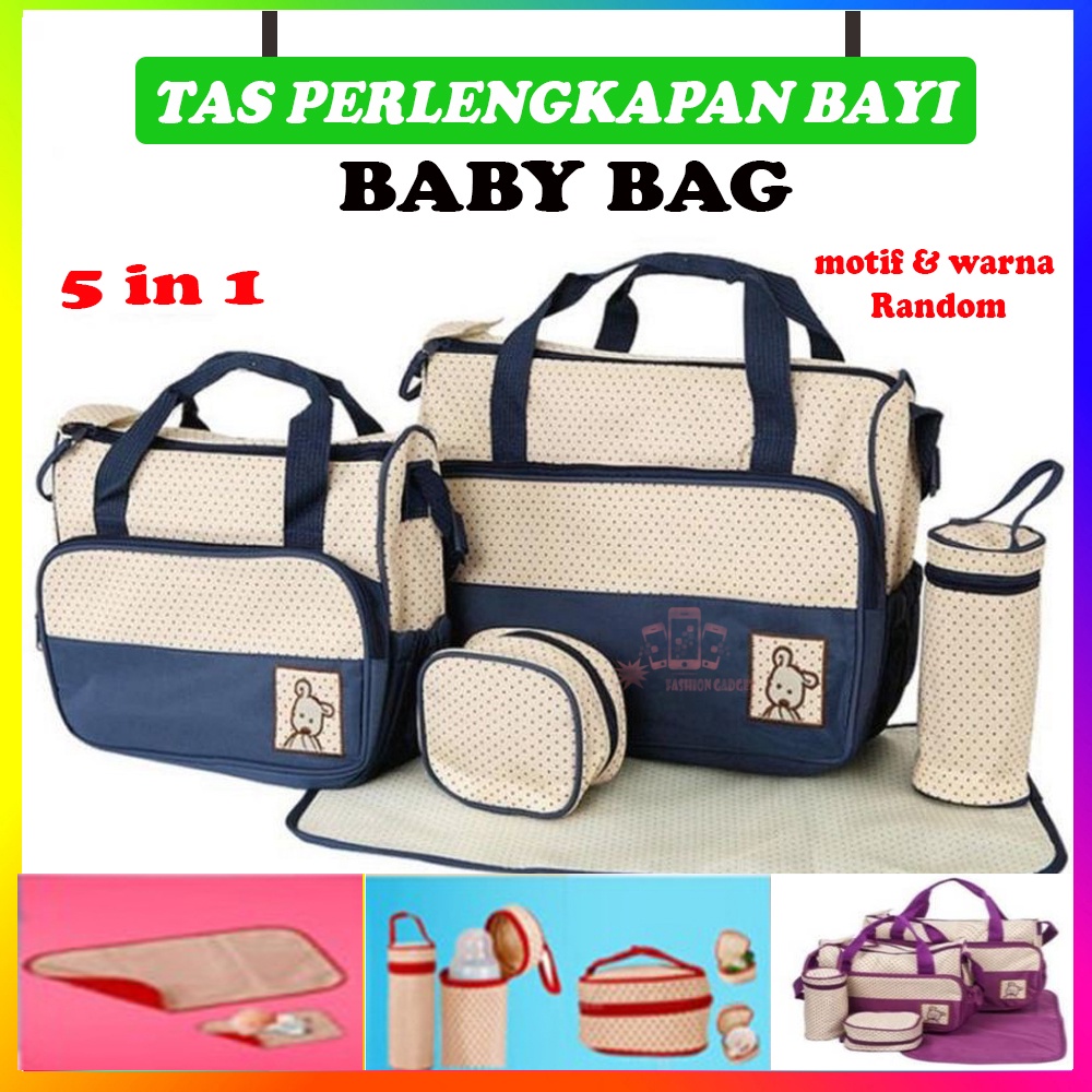 Tas Perlengakapan Bayi 5in1 / 1 Set Tas Bayi 5 in 1 Diaper Baby Bag Set Tas Multifungsi Storage Bag Organizer Organiser Tas Botol Minum Tas Makanan Tas Serbaguna Tas Besar Tas Kecil Popok Bayi Perlak Diapers Mom Bag Food Kado Tas - Warna Acak