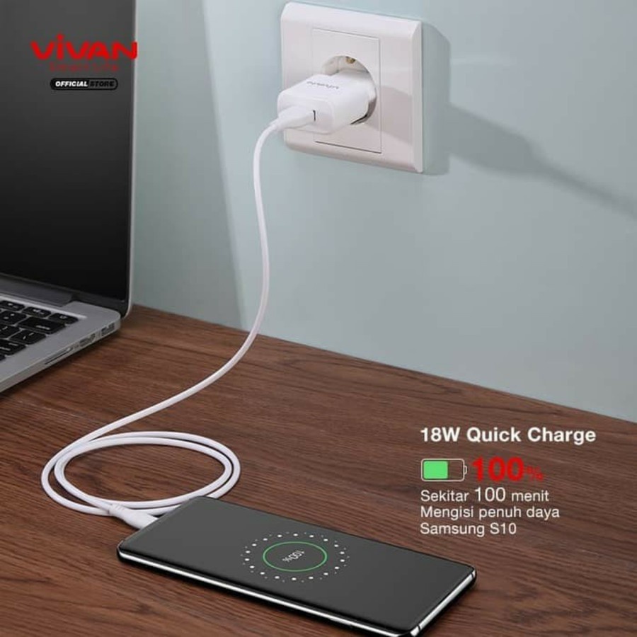 Charger 3A 18W Single USB Port + Kabel data Type C Vivan Power Oval 3.0 II