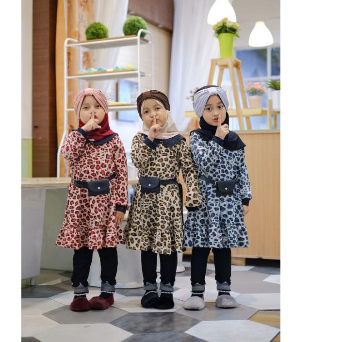 Dress Tunik Atasan Anak Macan Leopard Usia 0-10 Tahun Free Pouch Sabuk Cleo Tunik .